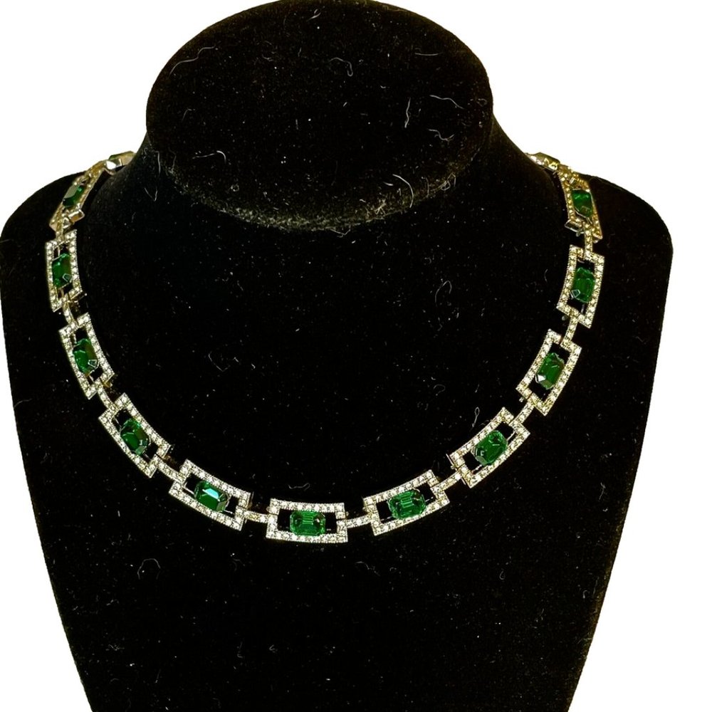 Suzanne Somers Simulated Emerald Necklace Green Silver Choker Vtg CZ Rhinestone